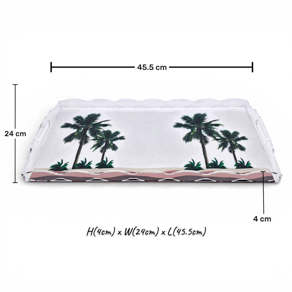 Damoo Palm Acrylic Serving Tray with Handles – Tropical Palm Design Decorative Multipurpose Tray for Serving, Dining & Home Décor (4H x 45.5L × 24W CM) - Damoo