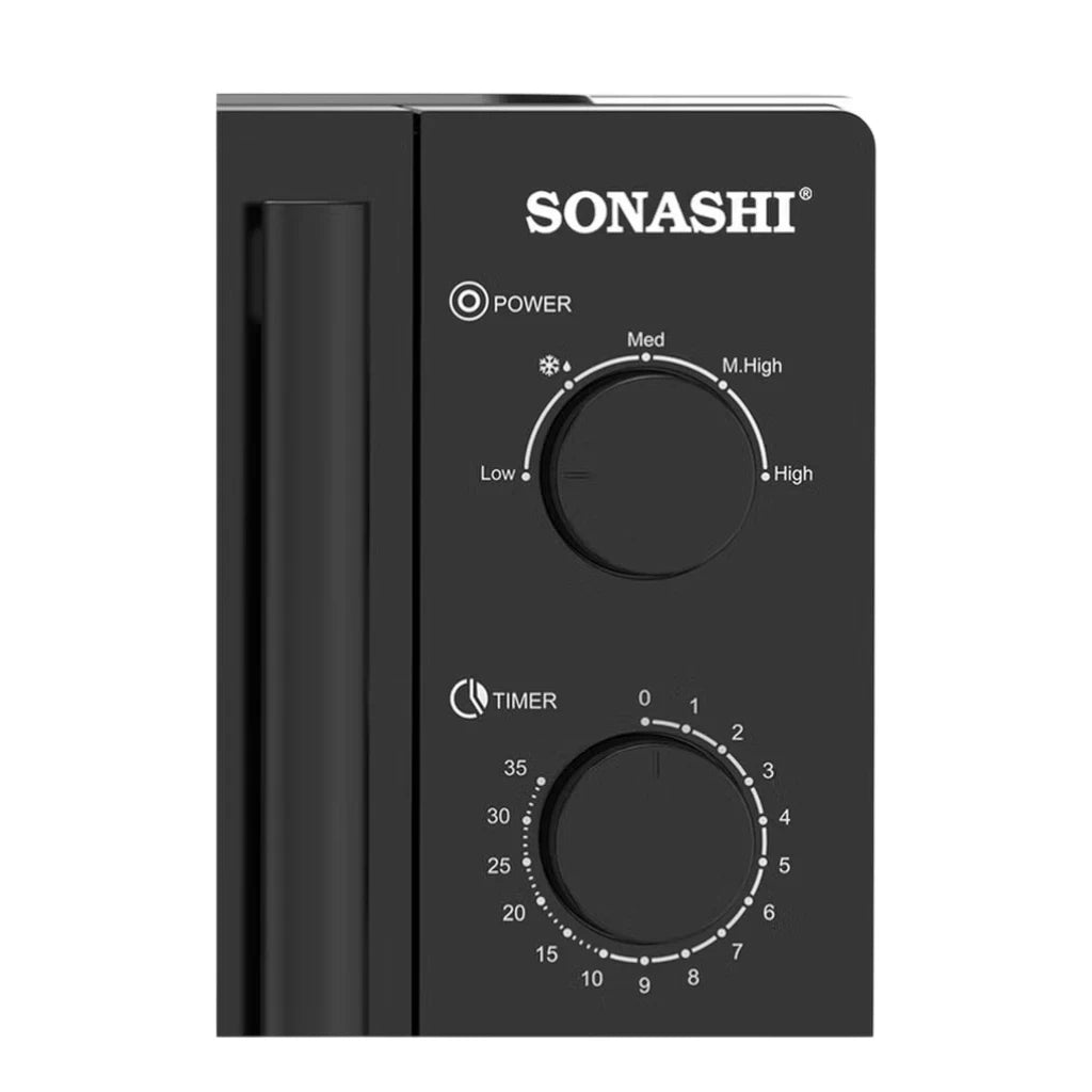 SONASHI 20L Manual Microwave Oven – SMO-920 Black | 700W Power, 245mm Turntable Glass Tray, 6 Power Levels, Defrost Function, 30-Min Timer, Pull Handle Door – Compact & Efficient Design for Everyday Cooking - Damoo
