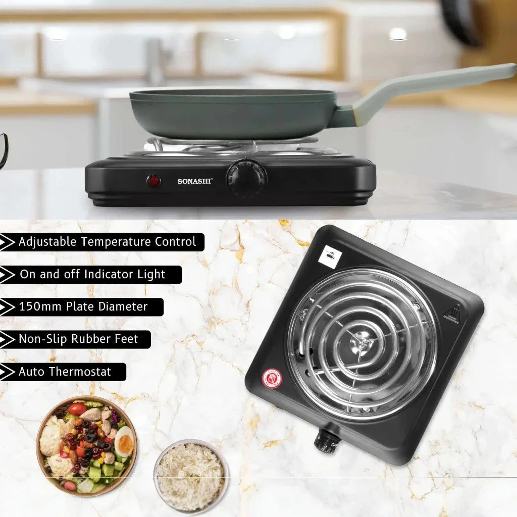 Sonashi Single Spiral Hot Plate – 1500W Portable Electric Cooker with 150mm Plate Diameter, Adjustable Temperature Control, Auto Thermostat, Non-Slip Feet, Indicator Light – Ideal for Home, Office, Dorm, Camping, Black - SHP-609CN - Damoo