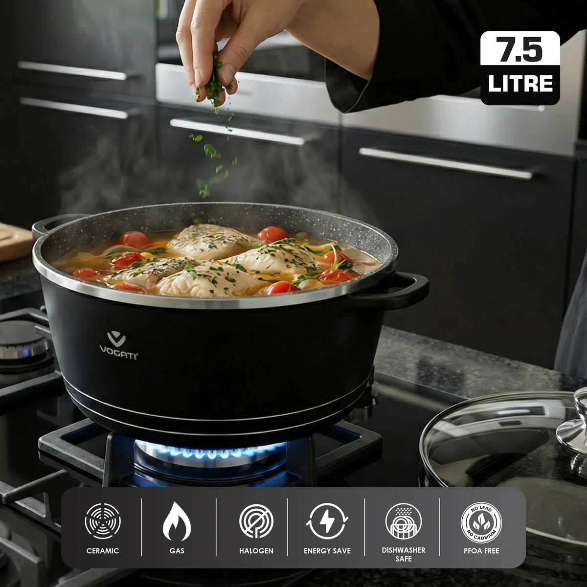 VOGATI 8Pcs Black Titanium Granite Cookware Set with Lids | Nesting Pots with Handles for Everyday Cooking