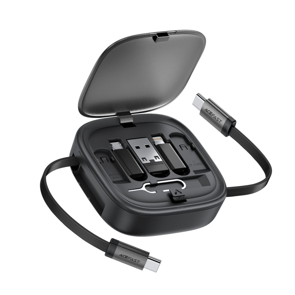 مجموعة كابلات الشحن والبيانات المتكاملة ACEFAST ACEWIRE PRO J3 – كابل أسود قابل للسحب بطول 0.95م، شحن USB-C بقدرة 60 واط وعلبة سفر