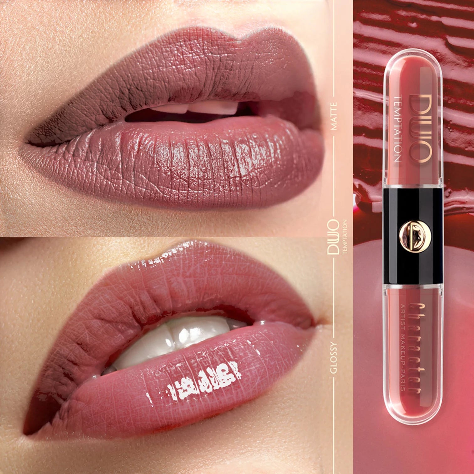 Character Duo Temptation Liquid Lipstick CDU002 | 2-in-1 Matte Base + Gloss Top Coat | Long-Lasting, Smudge-Proof & Moisturizing - Damoo