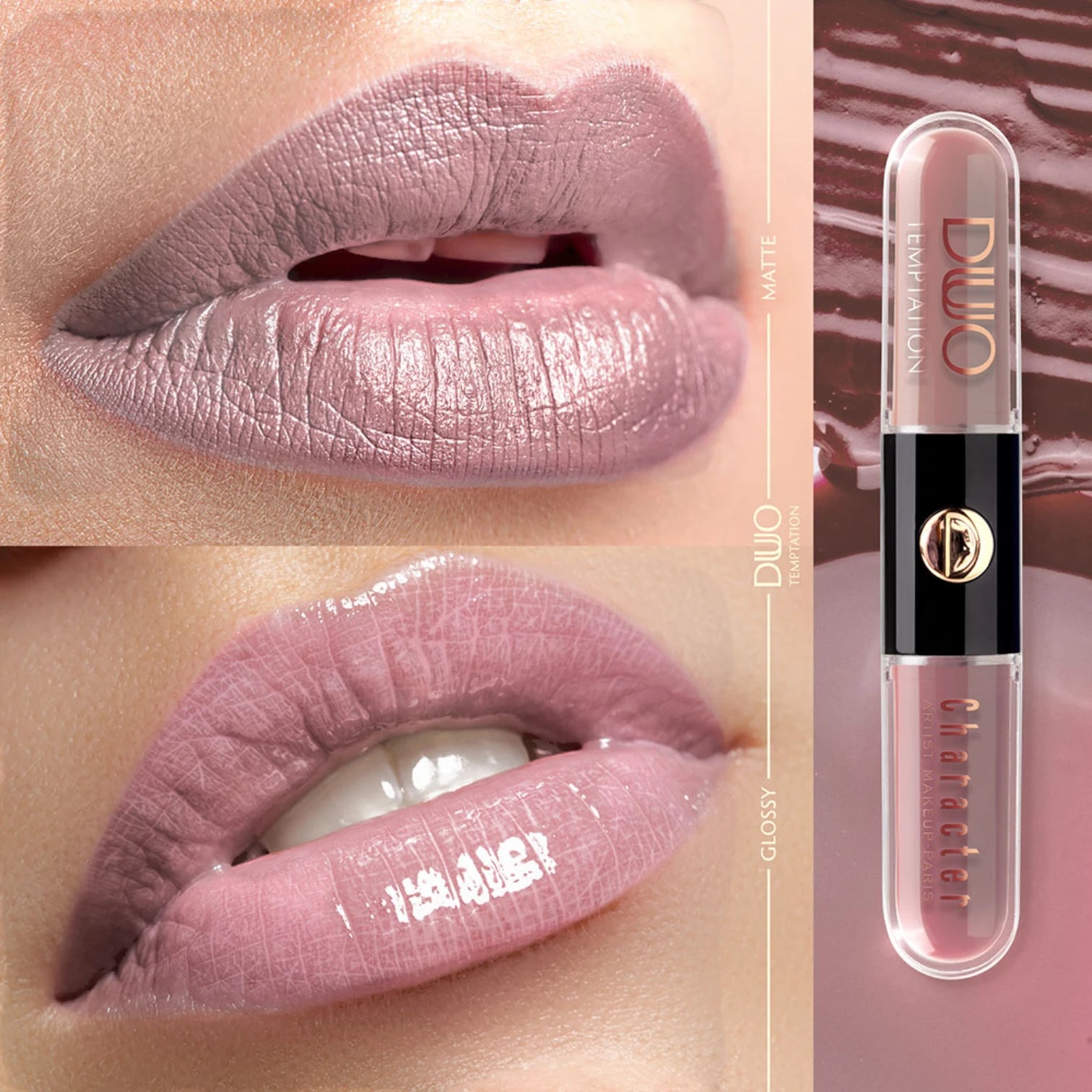 Character Duo Temptation Dual Lipstick & Gloss – CDU020 | Long-Lasting Matte Base with Moisturizing Gloss, 12H Wear, Smudge-Proof, High Shine Finish - Damoo