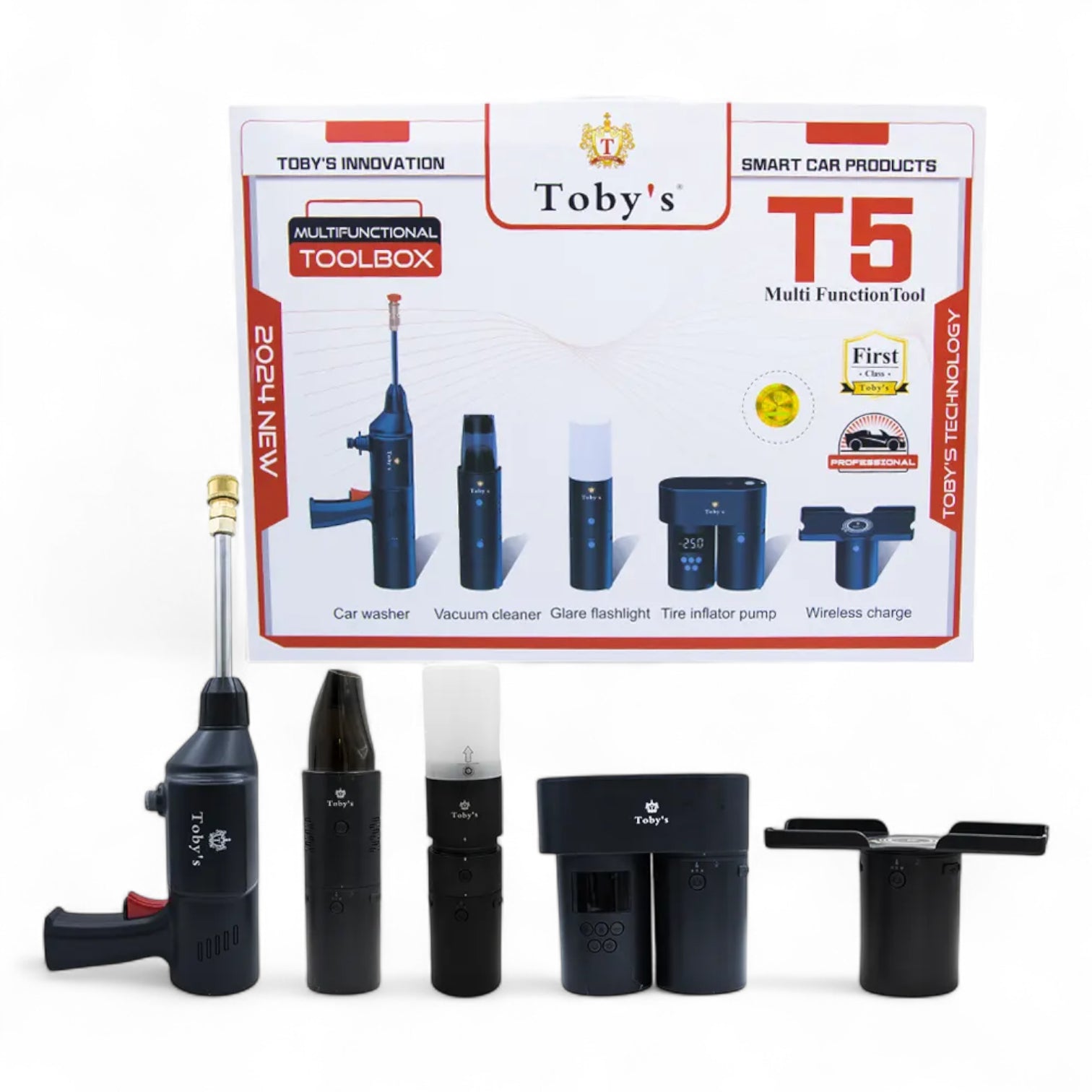 Toby’s T5 Cordless Car Care Kit | 5-in-1 Portable DC12V Car Washer, Vacuum Cleaner, Tire Inflator, Flashlight & Power Bank - Damoo