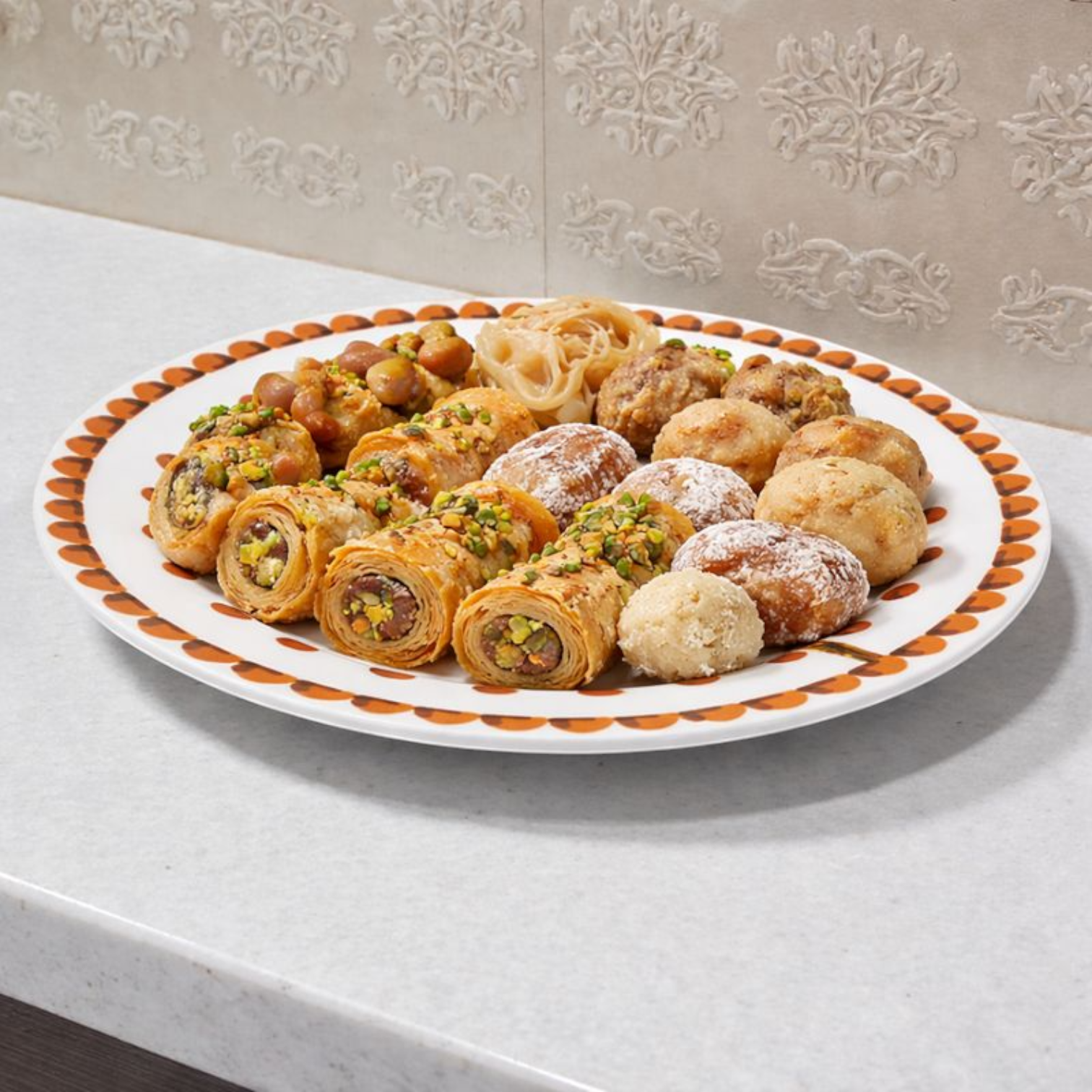 Palm Tree Printed Ceramic Serving Plate for Arabic Desserts & Snacks – Decorative Tableware (2H x 20.5L × 20.5W CM) - Damoo