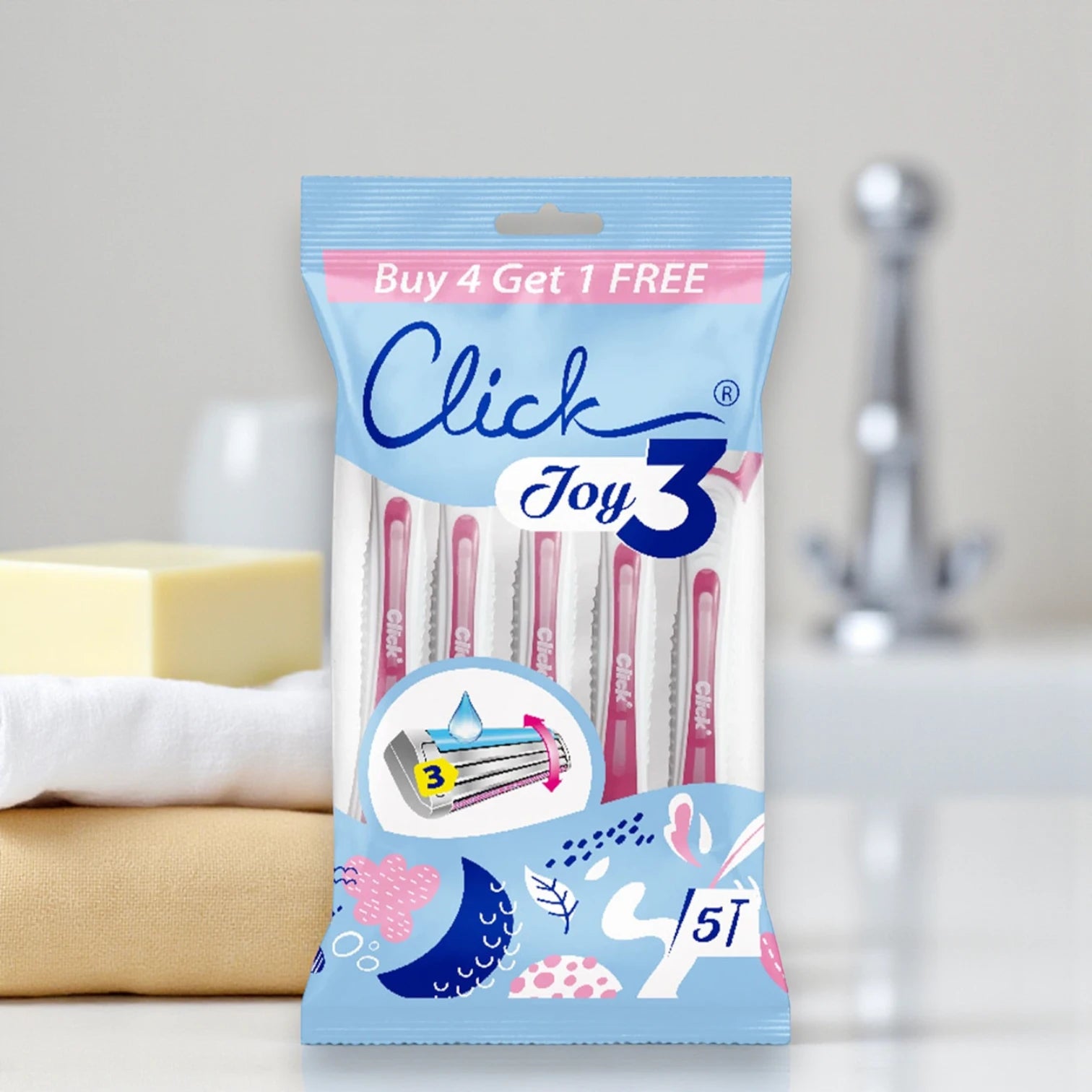 Click Joy 3 Disposable Razors – Triple Blade Shaving Set for Women, Smooth & Gentle Shave, Pack of 5 (Buy 4 Get 1 Free) - Damoo