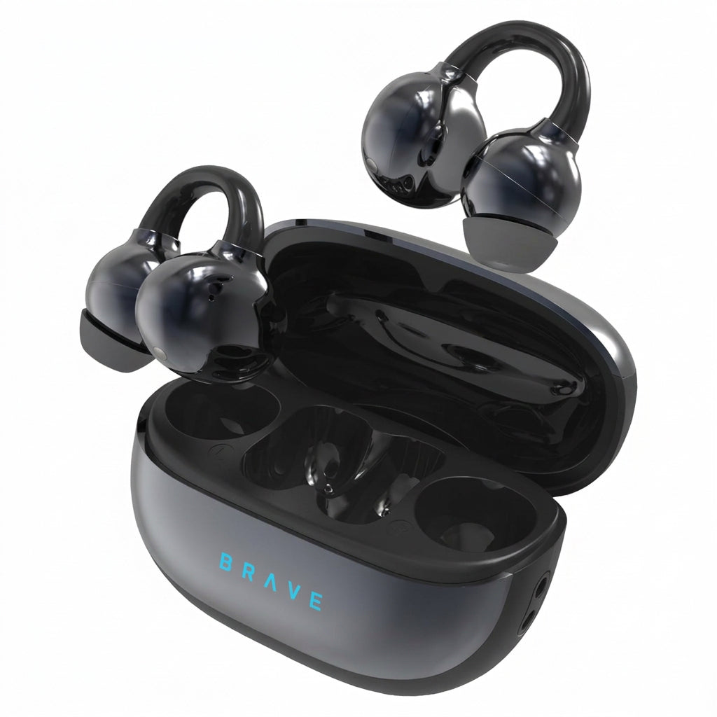 BRAVE ClipFit E-31 Wireless Open-Ear Earbuds – Black | Bluetooth 5.4 | Intelligent Touch Control | Adaptive Secure Fit Earphones