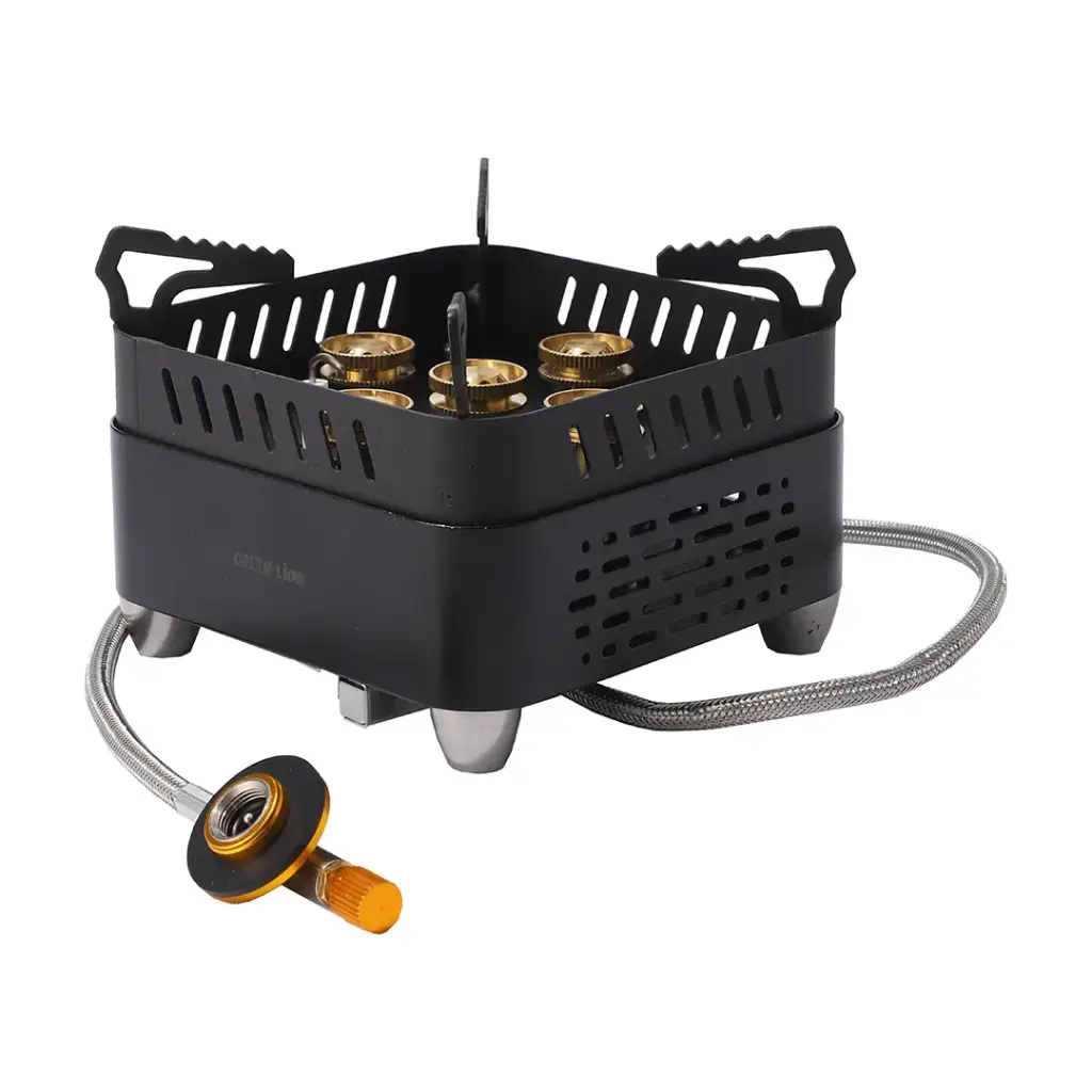 GREEN LION CAMPFIRE Portable Camping Gas Stove – 3500W 5-Way Copper Burner, Butane Compatible, Push-Start Ignition for Outdoor Cooking, Black