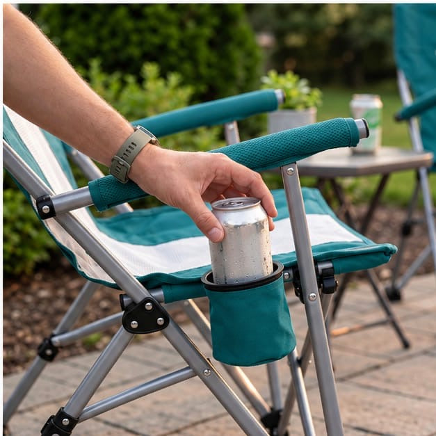 Portable Foldable Outdoor Camping Chair – 94 x 64 x 73 cm | Padded Armrests, Built-In Cup Holder | Folding Leisure Seat for Camping