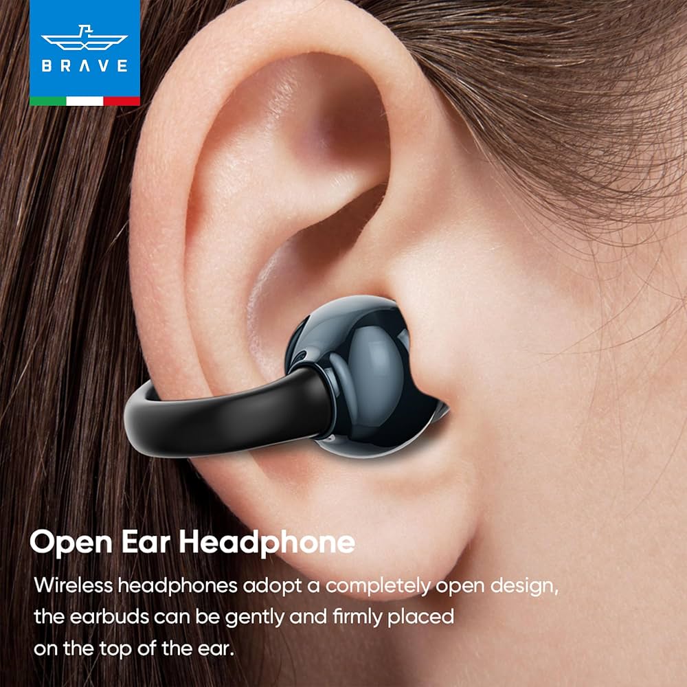 BRAVE ClipFit E-31 Wireless Open-Ear Earbuds – Black | Bluetooth 5.4 | Intelligent Touch Control | Adaptive Secure Fit Earphones