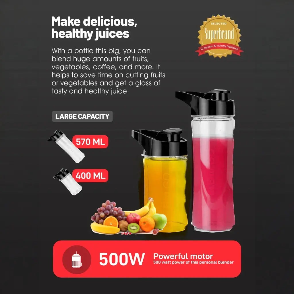 Geepas Personal Blender – 500W Portable Smoothie & Milkshake Maker with Stainless Steel Blades, 570ml & 400ml BPA-Free Tritan Bottles, Safety Lock, One-Touch Operation, Multi-Safe Protection, ABS Housing – GSB44075N – Black - Damoo
