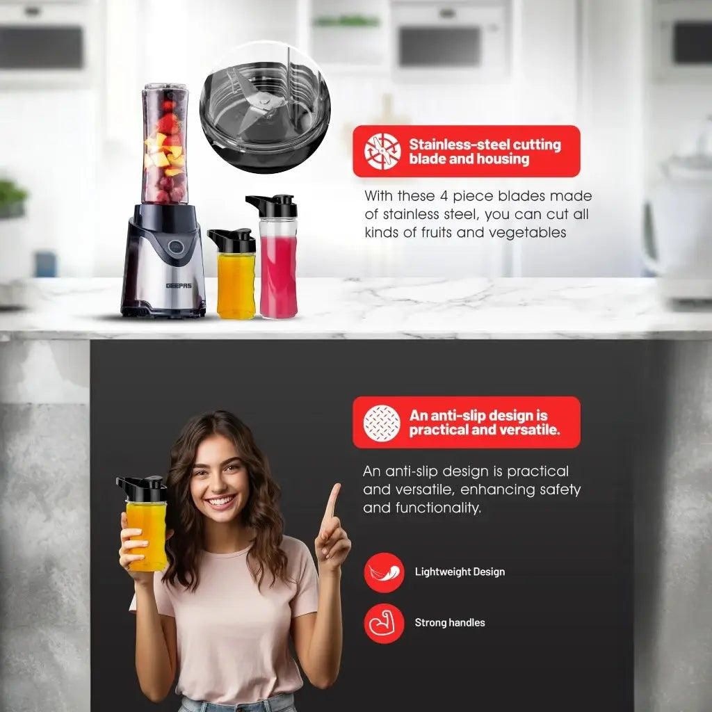 Geepas Personal Blender – 500W Portable Smoothie & Milkshake Maker with Stainless Steel Blades, 570ml & 400ml BPA-Free Tritan Bottles, Safety Lock, One-Touch Operation, Multi-Safe Protection, ABS Housing – GSB44075N – Black - Damoo