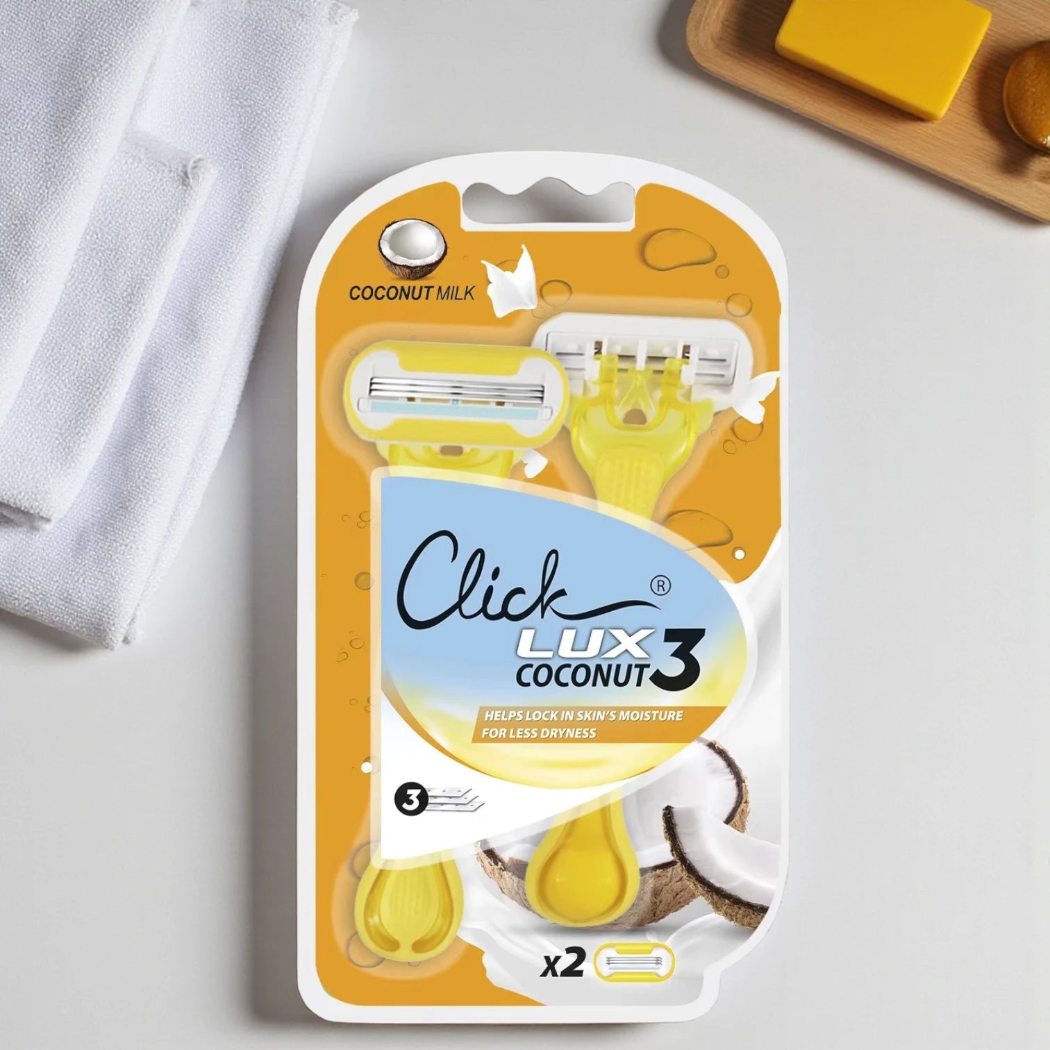 Click Lux Coconut 3 Women’s Razor – 3 Blades with Coconut Milk Strip, Hydrating & Smooth Shave, Moisture Lock Technology, Pack of 2 - Damoo