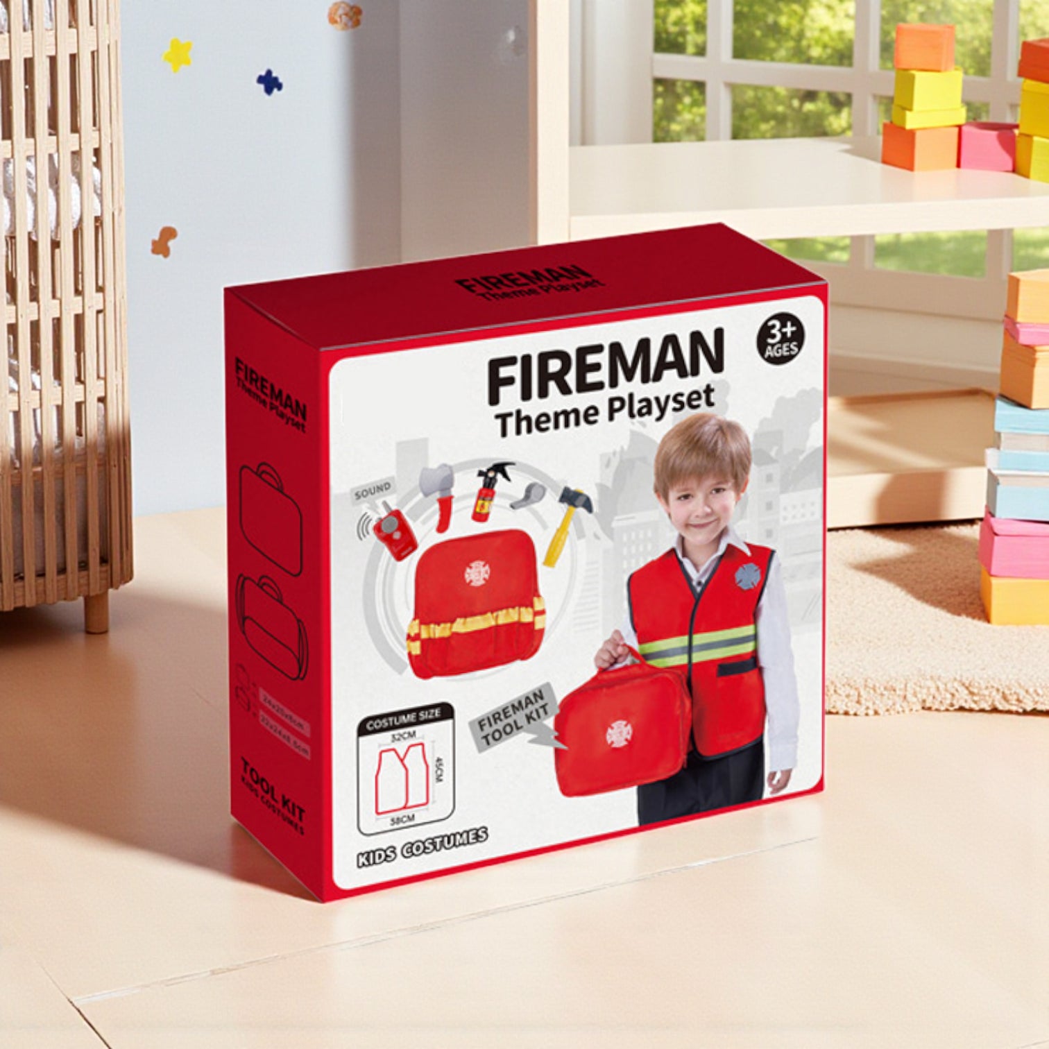Kids Firefighter Role Play Costume Set – Pretend Play Fireman Outfit with Jacket, Tools, Helmet & Carry Bag – Fire Fighting Dress Up Toy Set for Children Boys & Girls - Damoo