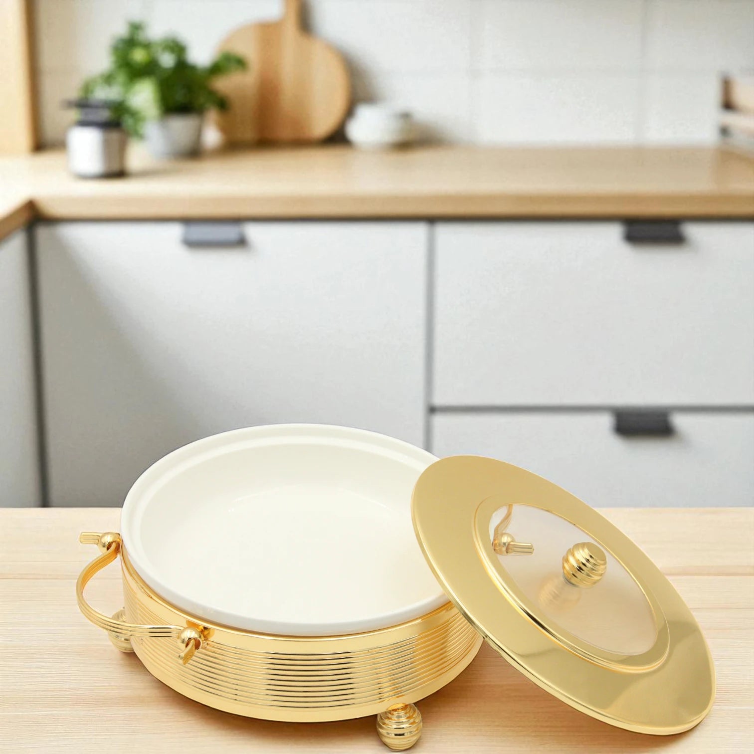 Damoo Premium Gold Ceramic Chafing Dish with Glass Lid – Elegant Buffet Server for Hot Meals, Rice, & Side Dishes – Heat-Resistant White Insert & Luxury Golden Frame – Ideal for Entertaining, Ramadan, and Special Occasions - Damoo