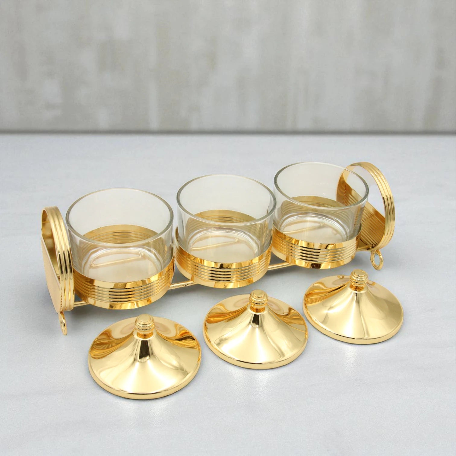 Damoo 3-Piece Premium Glass Jar Set with Gold-Plated Metal Stand and Lids – Elegant Multipurpose Storage Organizer for Dry Fruits, Sweets, Spices, Condiments & Kitchen Decoration – Luxury Gift Idea for Ramadan, Eid, Weddings & Home - Damoo