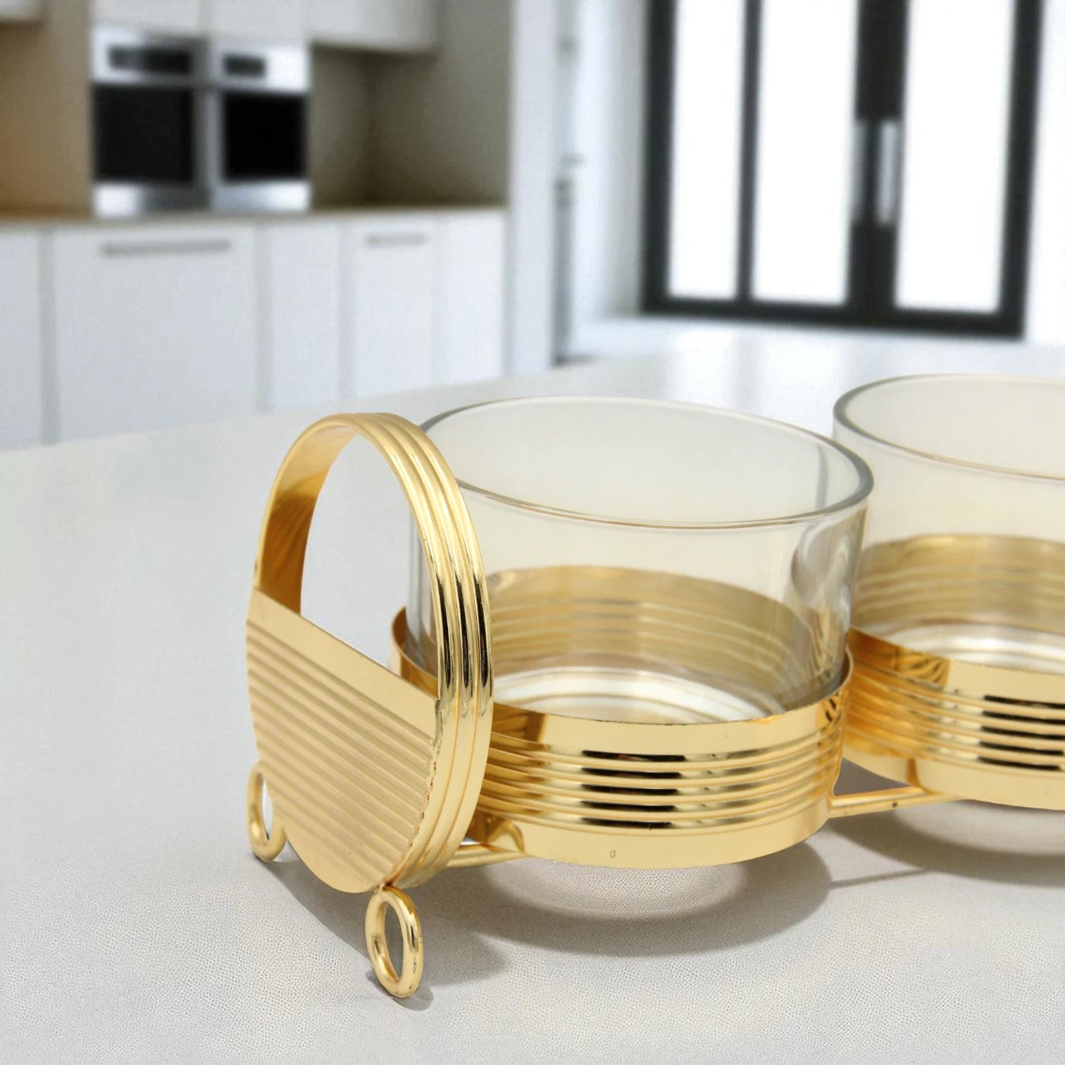 Damoo 3-Piece Premium Glass Jar Set with Gold-Plated Metal Stand and Lids – Elegant Multipurpose Storage Organizer for Dry Fruits, Sweets, Spices, Condiments & Kitchen Decoration – Luxury Gift Idea for Ramadan, Eid, Weddings & Home - Damoo