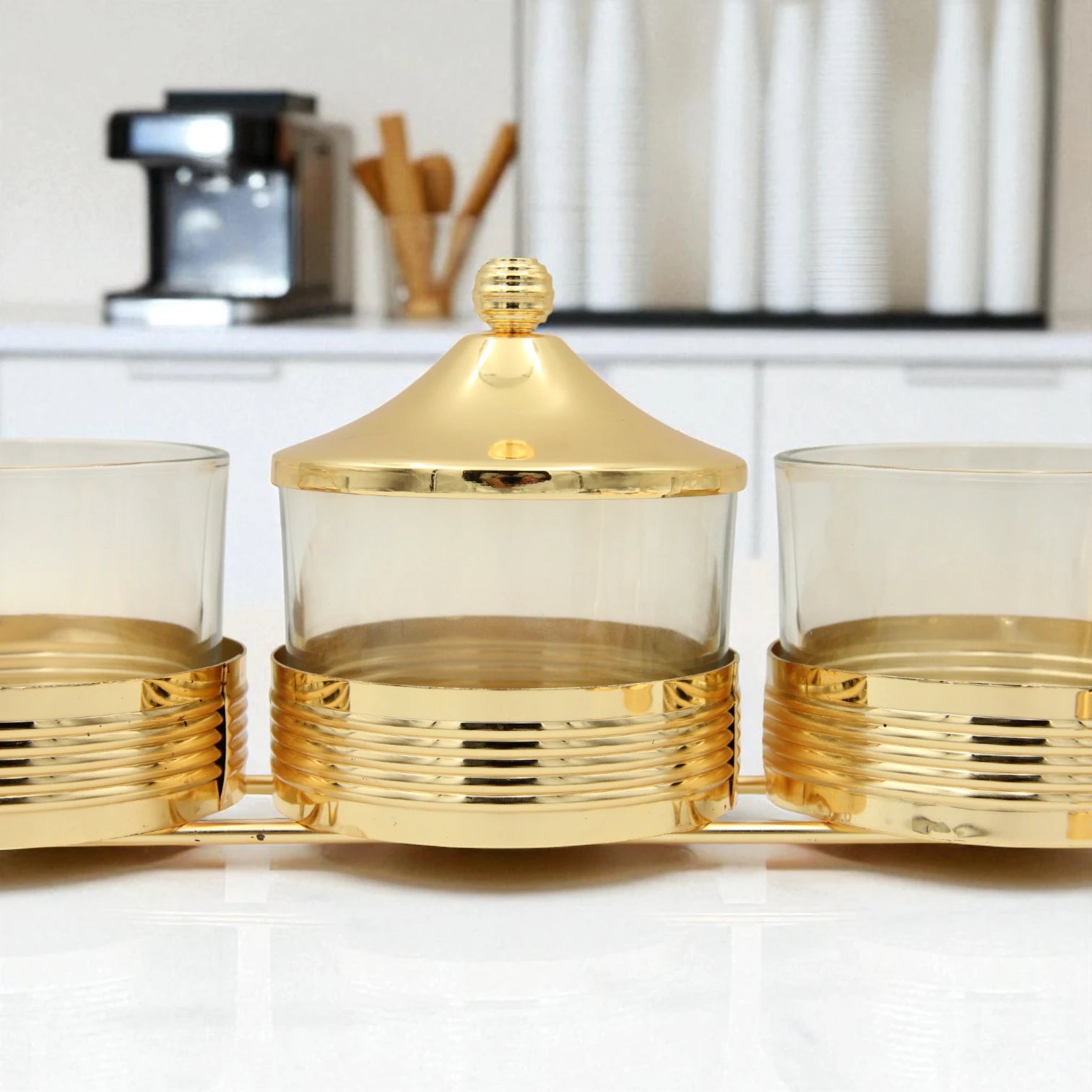 Damoo 3-Piece Premium Glass Jar Set with Gold-Plated Metal Stand and Lids – Elegant Multipurpose Storage Organizer for Dry Fruits, Sweets, Spices, Condiments & Kitchen Decoration – Luxury Gift Idea for Ramadan, Eid, Weddings & Home - Damoo