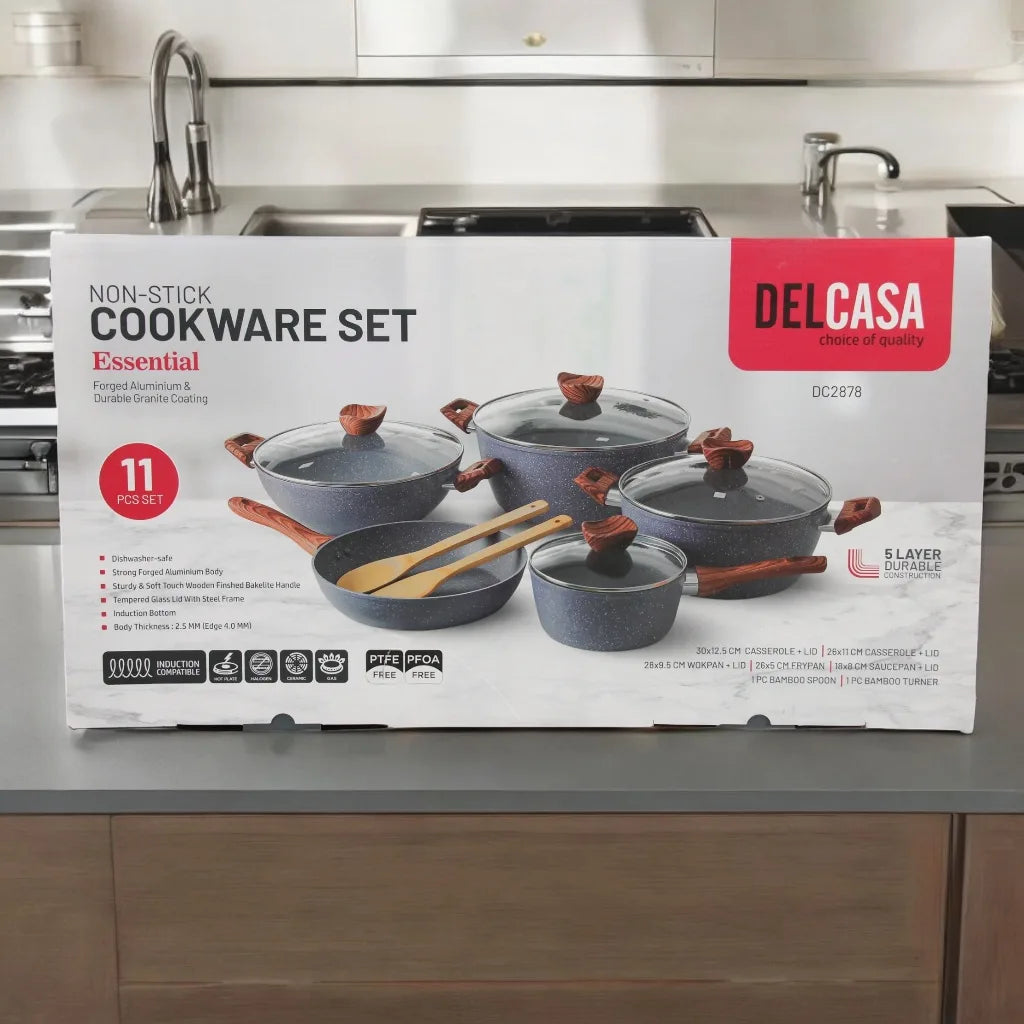 DELCASA 11-Piece Non-Stick Cookware Set – Forged Aluminum with Durable Granite Coating, PTFE & PFOA Free, Induction Compatible, Soft-Touch Bakelite Handles, Tempered Glass Lids, 5-Layer Construction - Damoo