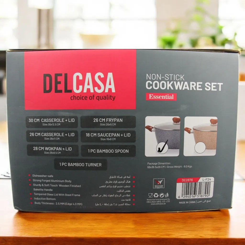 DELCASA 11-Piece Non-Stick Cookware Set – Forged Aluminum with Durable Granite Coating, PTFE & PFOA Free, Induction Compatible, Soft-Touch Bakelite Handles, Tempered Glass Lids, 5-Layer Construction - Damoo