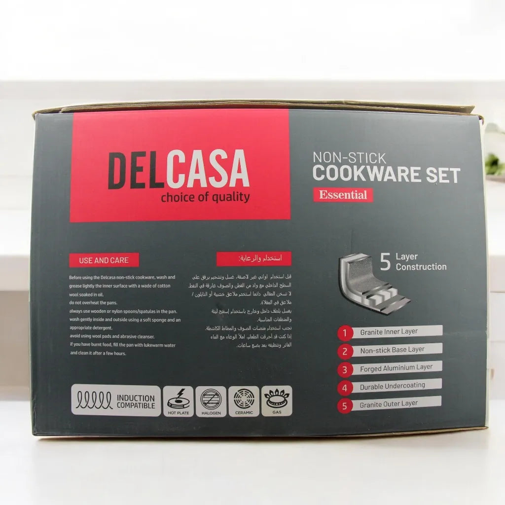 DELCASA 11-Piece Non-Stick Cookware Set – Forged Aluminum with Durable Granite Coating, PTFE & PFOA Free, Induction Compatible, Soft-Touch Bakelite Handles, Tempered Glass Lids, 5-Layer Construction - Damoo