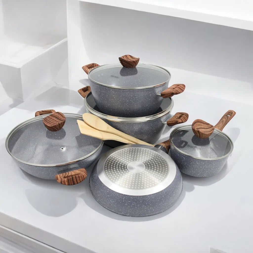 DELCASA 11-Piece Non-Stick Cookware Set – Forged Aluminum with Durable Granite Coating, PTFE & PFOA Free, Induction Compatible, Soft-Touch Bakelite Handles, Tempered Glass Lids, 5-Layer Construction - Damoo