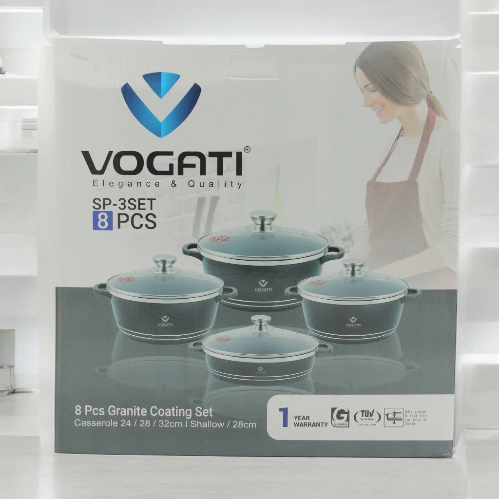 Vogati 8-Piece Die-Cast Aluminum Cookware Set with Granite Coating – Casseroles & Shallow Pot with Tempered Glass Lids and Stainless Steel Rims – Energy-Saving, PFOA-Free, Durable Non-Stick Cookware for Everyday Use - Damoo