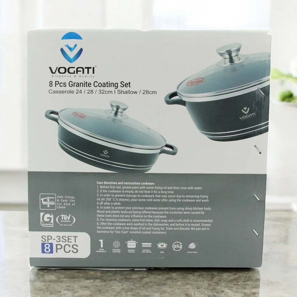 Vogati 8-Piece Die-Cast Aluminum Cookware Set with Granite Coating – Casseroles & Shallow Pot with Tempered Glass Lids and Stainless Steel Rims – Energy-Saving, PFOA-Free, Durable Non-Stick Cookware for Everyday Use - Damoo