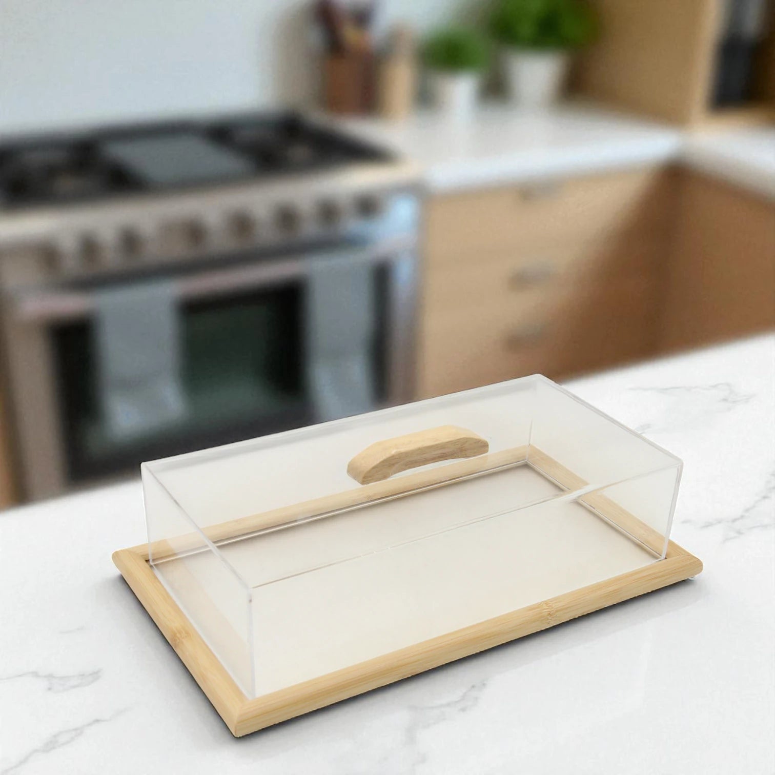 Damoo Large Bamboo Serving Tray with Clear Acrylic Lid and Wooden Handle – Elegant Food Display Cover for Pastries, Snacks, Cheese & Desserts – Eco-Friendly Kitchen & Café Server Tray for Parties, Buffets & Everyday Use - Damoo