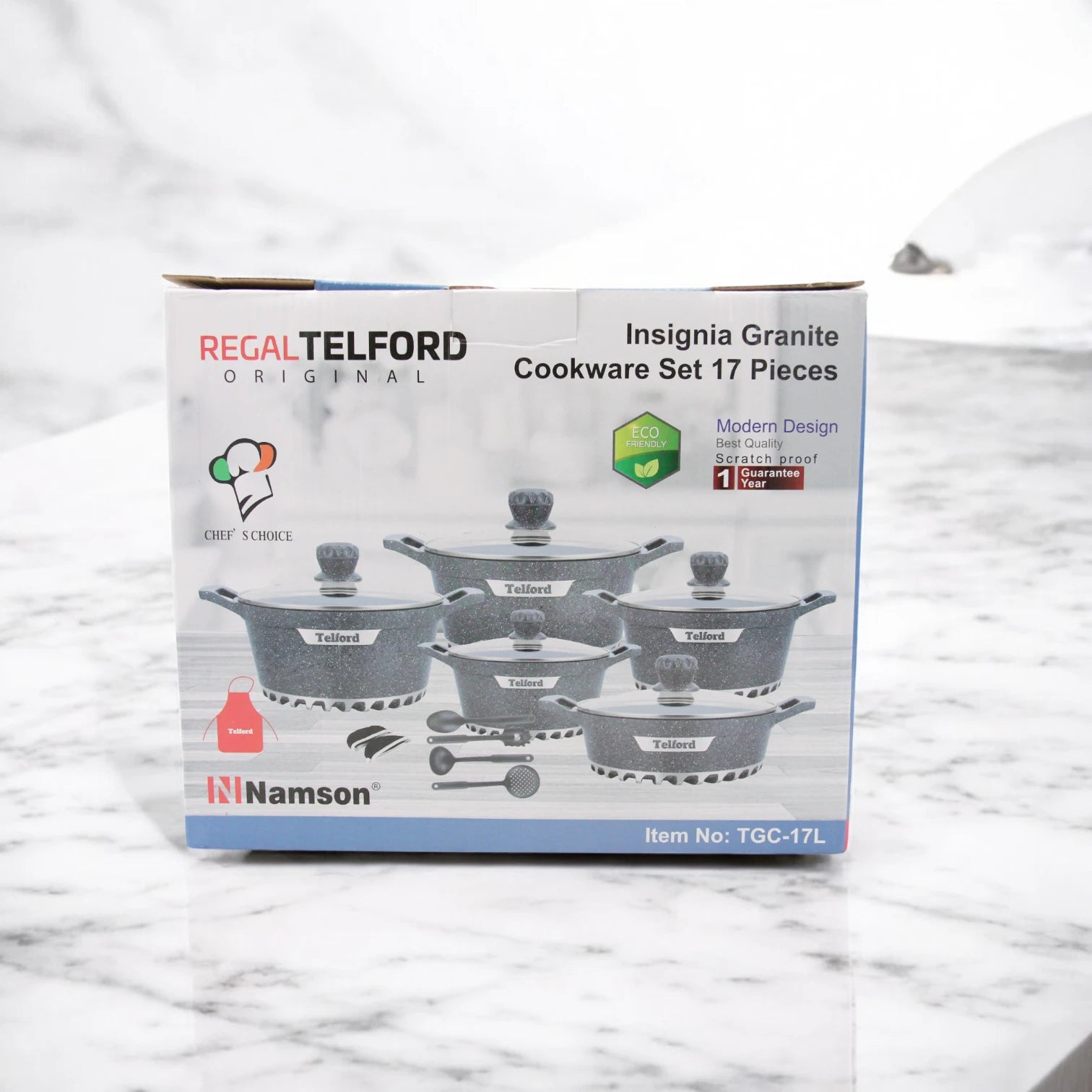 Telford 17 PCS Non-Stick Cookware Set TGC-17M – Eco-Friendly Granite Coated Die-Cast Aluminum Pots & Pans with Lids, Casseroles, Shallow Pot, Frying Pan & Silicone Spatula – Durable, Scratch-Proof, Easy to Clean - Damoo