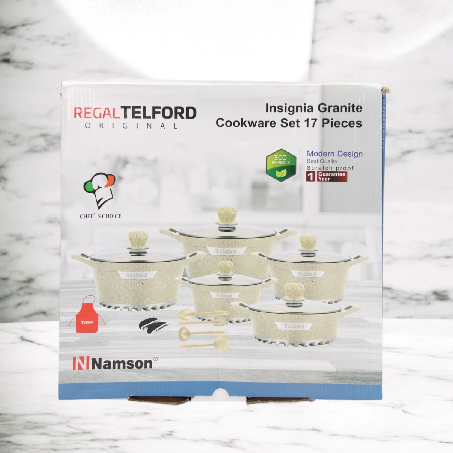 Telford 17 PCS Granite-Coated Non-Stick Cookware Set – Eco-Friendly Scratch-Proof Casseroles with Shallow Pot, Tempered Glass Lids, Frying Pan, Cooking Tools & Accessories – PTFE & PFOA Free - Damoo
