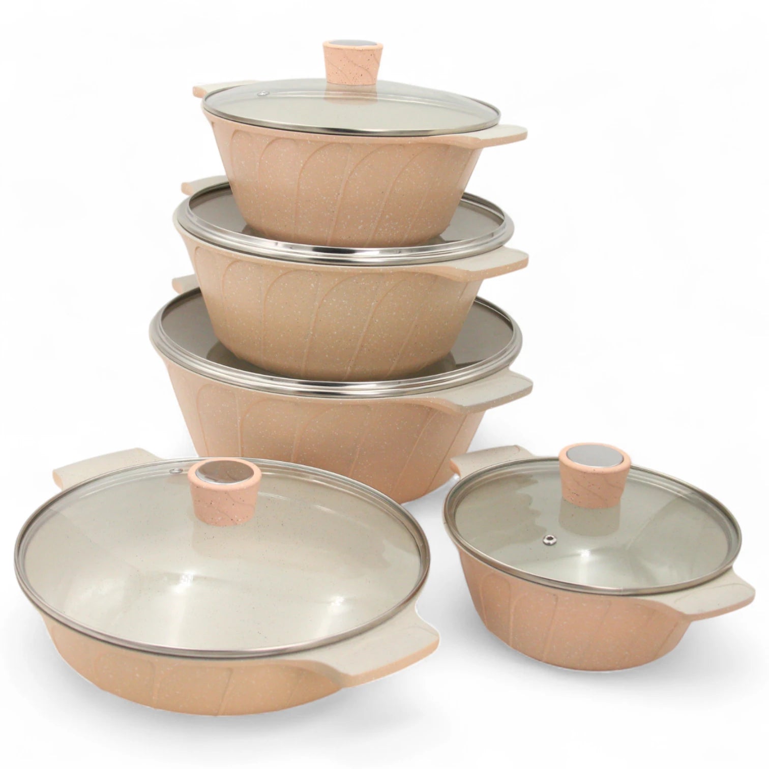Hot Chef 10-Piece Die-Cast Granite Marble Cookware Set – Non-Stick Eco-Friendly Casserole Pots with Glass Lids, Exquisite Style, Durable & Stylish Kitchen Essential - Damoo
