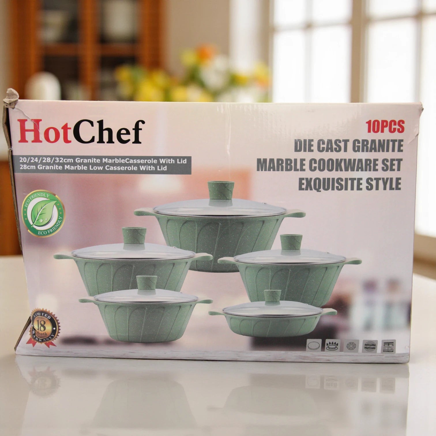 Hot Chef 10-Piece Die-Cast Granite Marble Cookware Set – Non-Stick Eco-Friendly Casserole Pots with Glass Lids, Exquisite Style, Durable & Stylish Kitchen Essential - Damoo