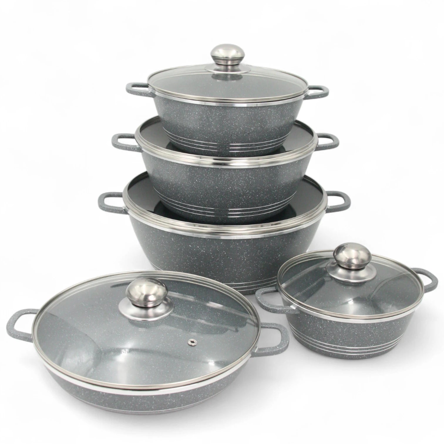 Hot Chef 10-Piece Non-Stick Cookware Set – Premium Granite Marble Casserole Pots with Glass Lids & Low Casserole, Durable, PFOA-Free, Healthy & Stylish Kitchen Set - Damoo