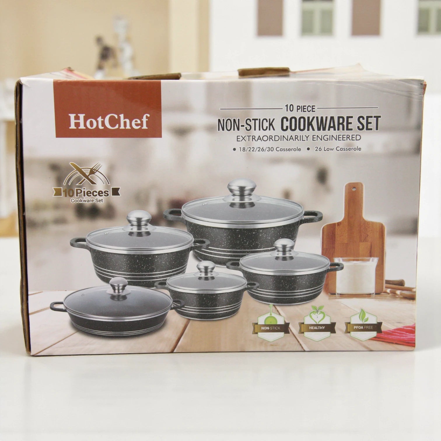 Hot Chef 10-Piece Non-Stick Cookware Set – Premium Granite Marble Casserole Pots with Glass Lids & Low Casserole, Durable, PFOA-Free, Healthy & Stylish Kitchen Set - Damoo