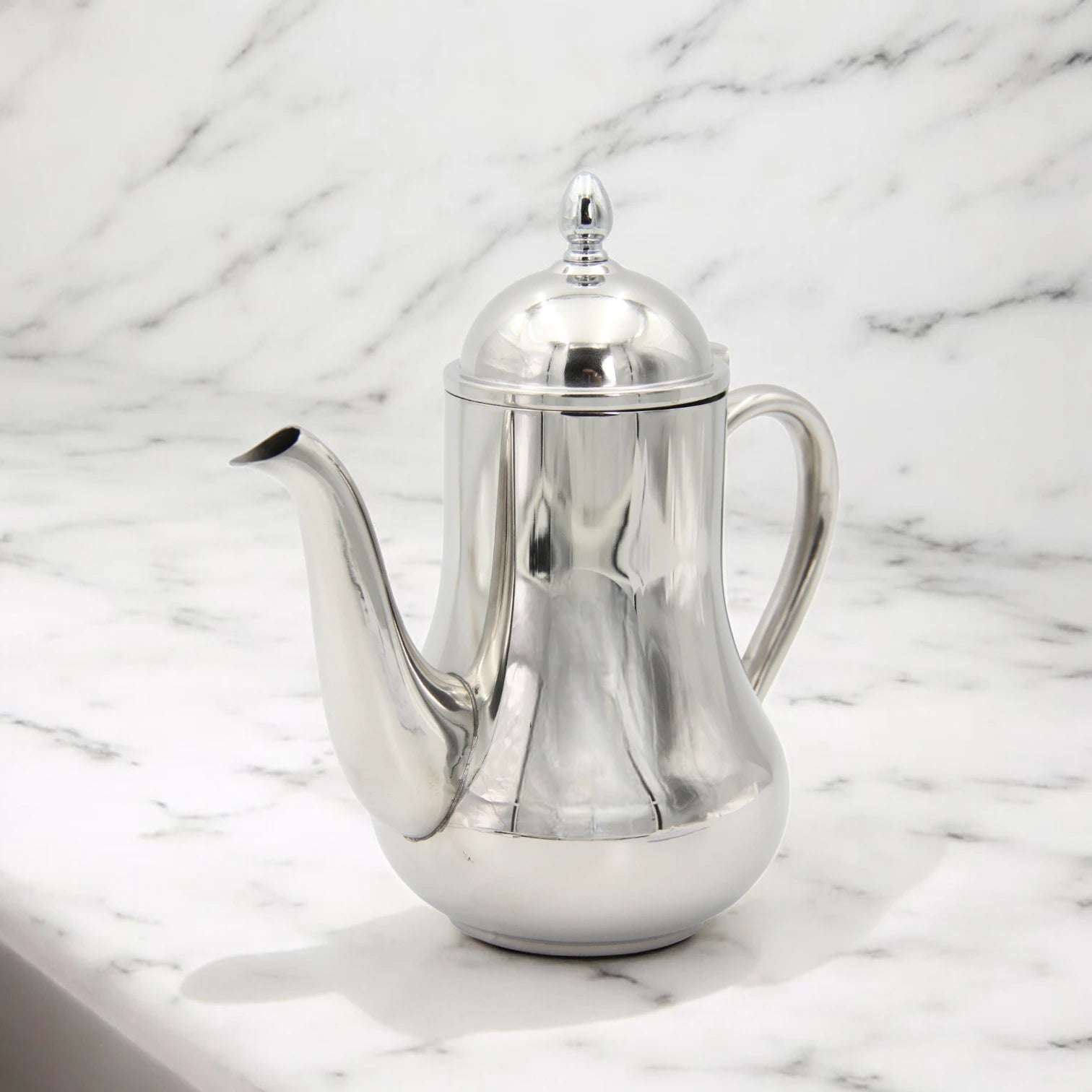 HTH 1.5L Pear-Shaped Stainless Steel Tea & Coffee Pot – Classic Arabic Dallah Kettle with Mirror Finish, Heat-Resistant Handle & Easy Pour Spout – Large Capacity Coffee & Tea Kettle for Home, Office & Café (Silver) - Damoo