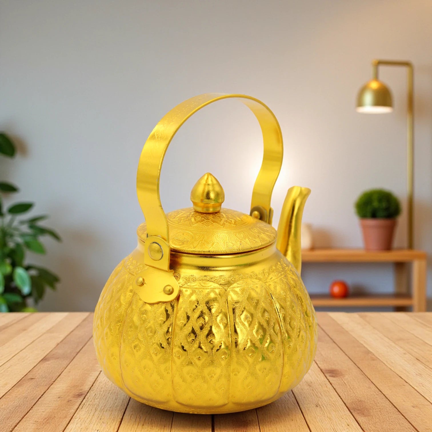 Damoo Elegant Gold Arabic Tea Kettle – Vintage Metal Dallah Style Teapot with Lid – Decorative & Functional – 1L Capacity - Damoo