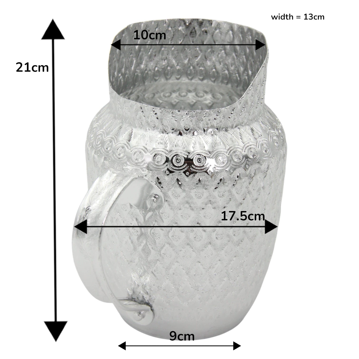 Traditional Arabic Water Jug – Hammered Embossed Design, Durable Lightweight Metal Pitcher with Handle – Available in Silver & Gold – Ideal for Serving Water, Juice & Beverages - Damoo