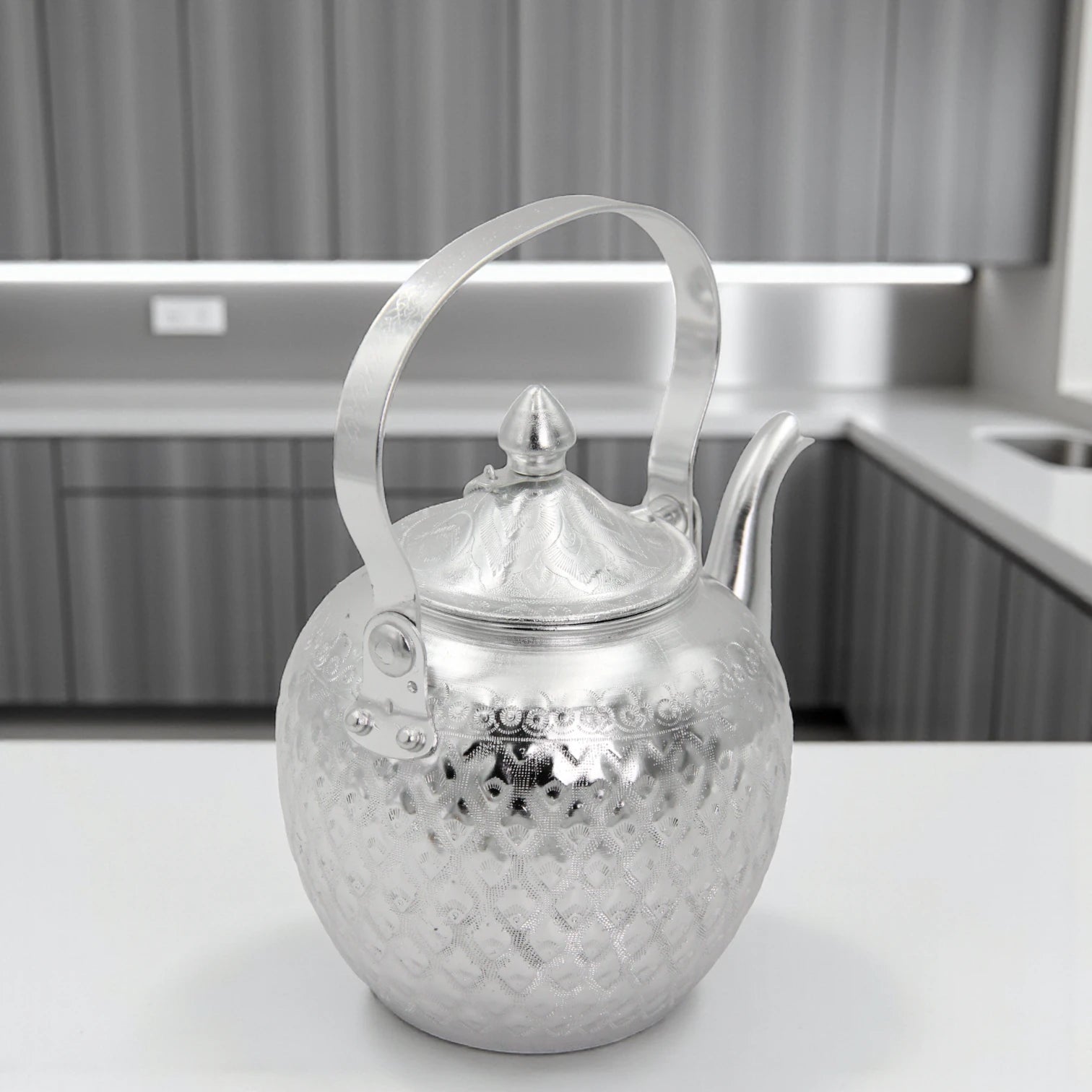 Damoo Decorative Silver Aluminum Kettle with Lid & Handle – Traditional Teapot Design, 1L Capacity – Elegant Hand-Etched Finish, Lightweight & Durable - Damoo