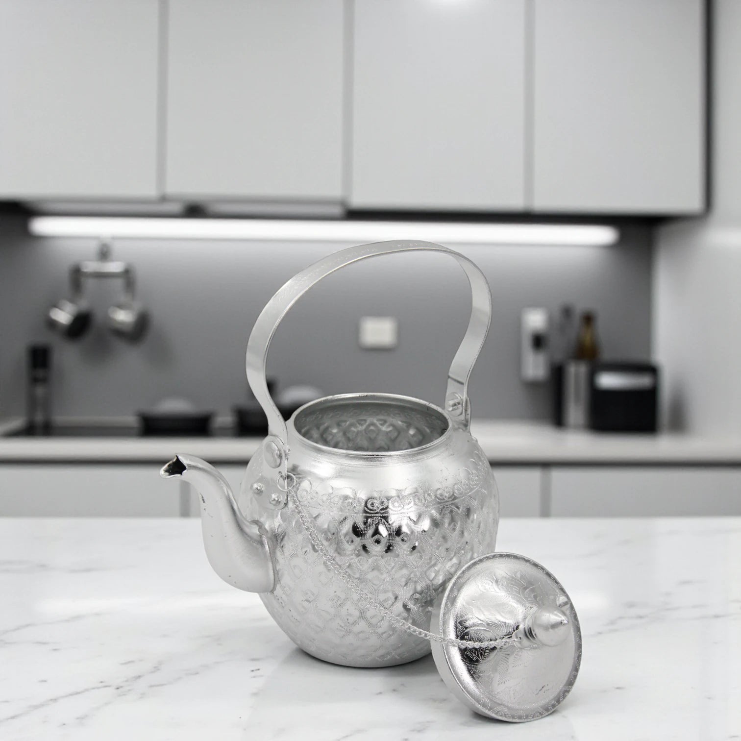 Damoo Decorative Silver Aluminum Kettle with Lid & Handle – Traditional Teapot Design, 1L Capacity – Elegant Hand-Etched Finish, Lightweight & Durable - Damoo