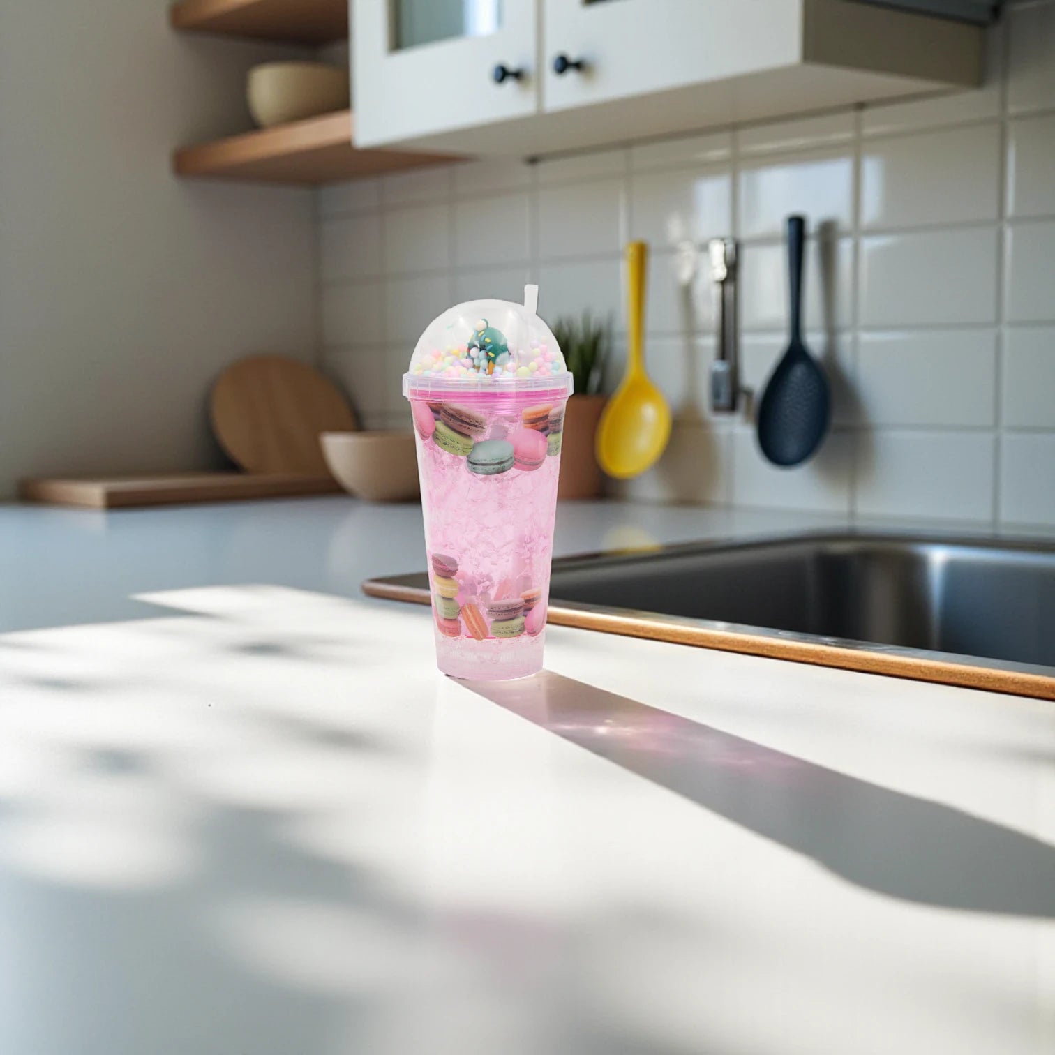 Macaron Tumbler Cup with Dome Lid & Straw – Pink Glitter Cup, Cute Pastel Macaron Design, BPA-Free, Reusable Cold Drink Cup with Straw for Smoothies, Iced Coffee & Bubble Tea – - Damoo