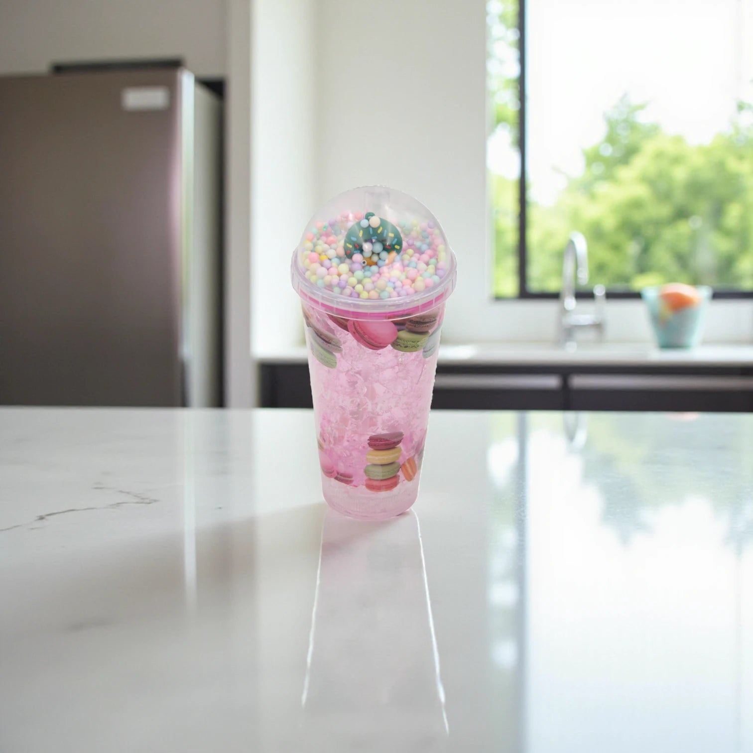 Macaron Tumbler Cup with Dome Lid & Straw – Pink Glitter Cup, Cute Pastel Macaron Design, BPA-Free, Reusable Cold Drink Cup with Straw for Smoothies, Iced Coffee & Bubble Tea – - Damoo