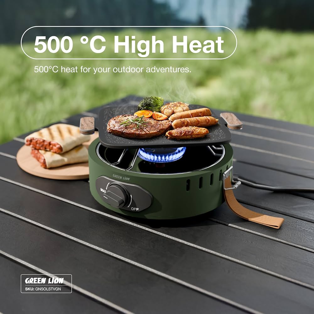 موقد التخييم GREEN LION SOLO FLAME – شعلة واحدة متوافقة مع غاز البوتان | إشعال بالضغط، تحكم بمقبض، قدرة عالية 8000 BTU