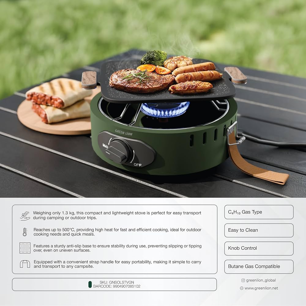 موقد التخييم GREEN LION SOLO FLAME – شعلة واحدة متوافقة مع غاز البوتان | إشعال بالضغط، تحكم بمقبض، قدرة عالية 8000 BTU