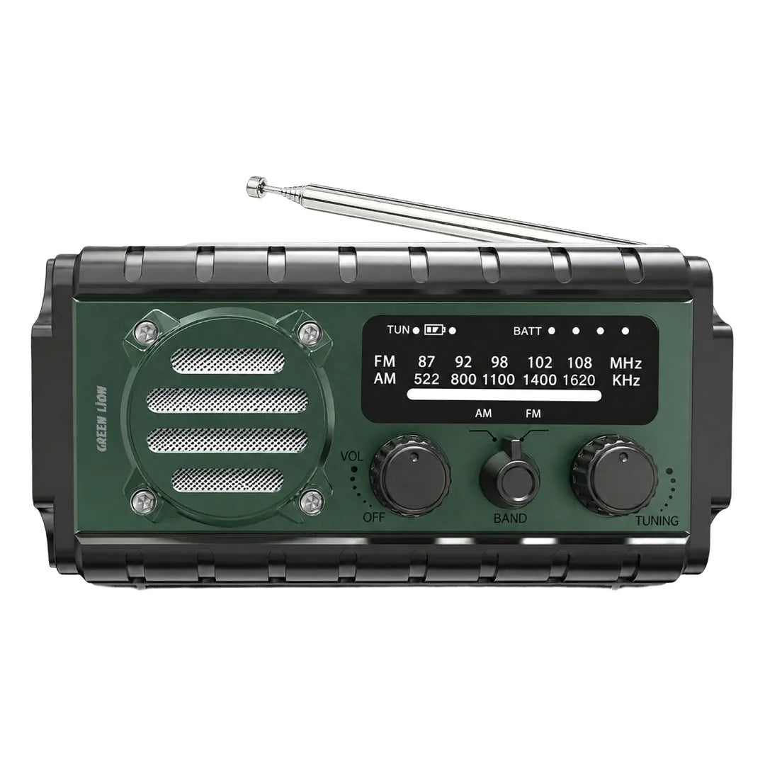 GREEN LION G-RADIO راديو طوارئ 20000mAh وبنك طاقة ومصباح | لوح شمسي، شحن يدوي، مقاومة ماء IPX6، إنذار SOS ومصباح قراءة