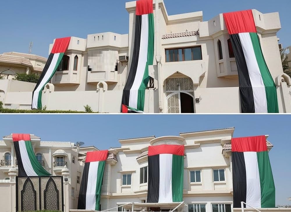 علم عيد الاتحاد الإماراتي UU-900 – علم ساتان كبير بمقاس 2×8 م بتصميم نابض بالأحمر والأخضر والأبيض والأسود
