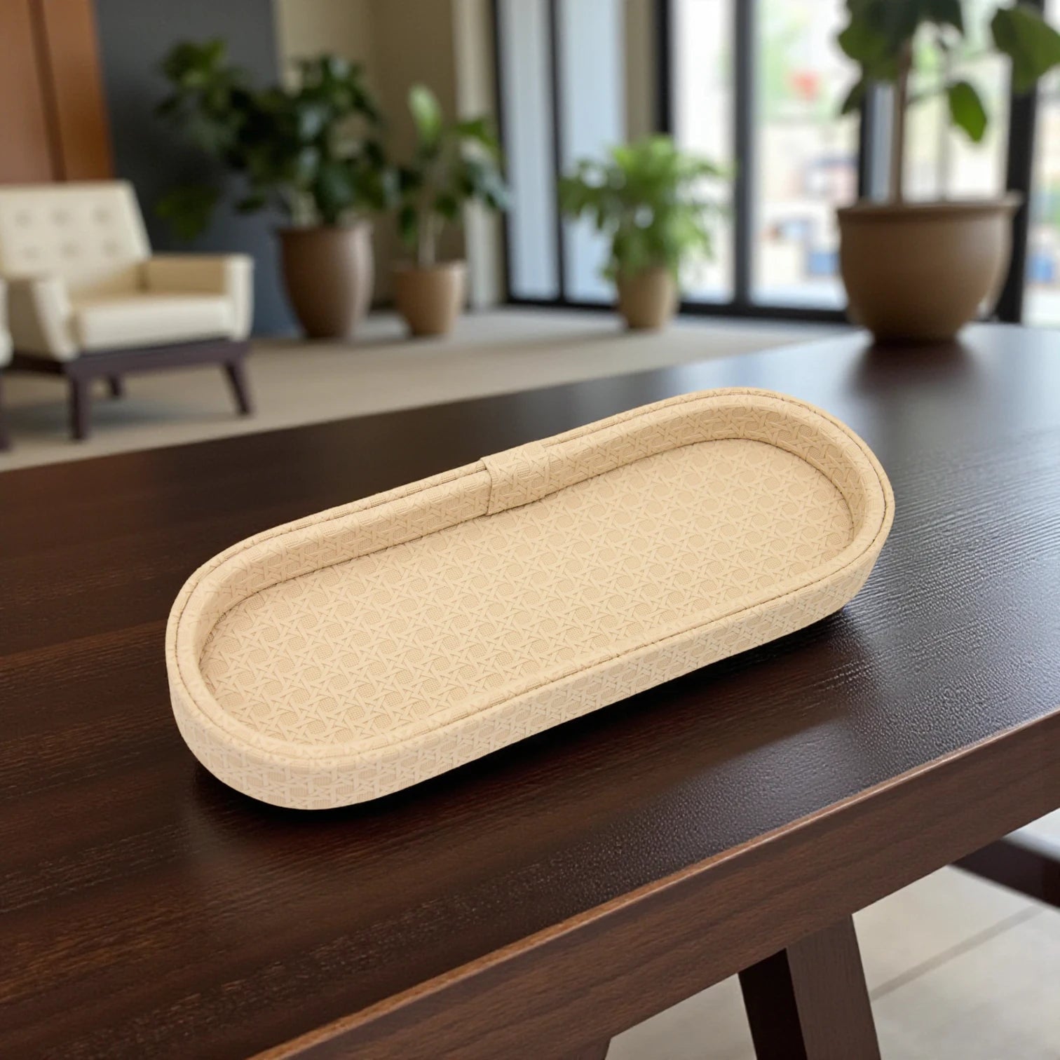 Beige Leather Serving Tray with Silver Ball Feet | Elegant Faux Leather Design for Tea, Coffee, Snacks & Home Décor - Damoo