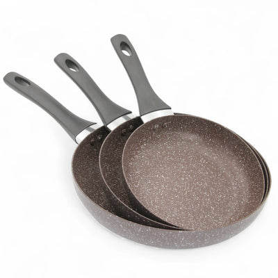 Baroly 3 Pcs Fry Pan Set (20cm, 24cm, 28cm) | Non-Stick Marble Coating | Induction & Oven Safe | Durable Aluminum Cookware with Soft-Touch Handles - Damoo