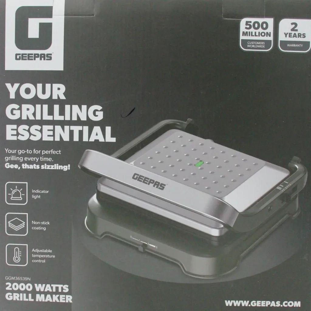 Geepas Grill Maker – Stainless Steel Electric with Non-Stick Plates, Opens Flat 180°, Adjustable Temperature & Timer, 2000W , Cool-Touch Handle, Floating Hinge, 4-Slice Capacity, Ideal for Grilling Burgers, Steaks, Veggies, and More – GGM36539 - Damoo