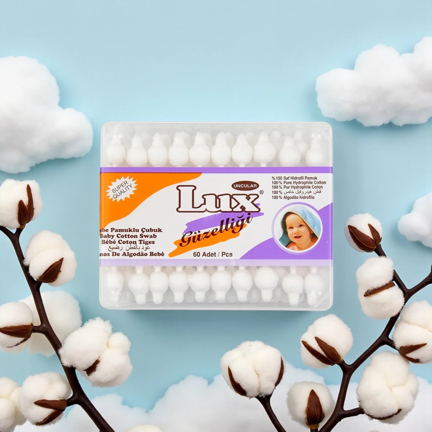 Lux Bebe Baby Cotton Swabs – 60 pcs | Safe & Gentle Cotton Ear Swabs with Stopper for Newborns and Babies - Damoo